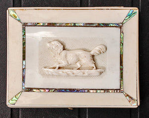 Rare Antique French 4" x 3" Calling Card Case, Ivory, HC Dieppe Ivory Dog, Spaniel, Abalone Accents