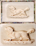 Rare Antique French 4" x 3" Calling Card Case, Ivory, HC Dieppe Ivory Dog, Spaniel, Abalone Accents