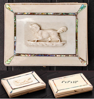 Rare Antique French 4" x 3" Calling Card Case, Ivory, HC Dieppe Ivory Dog, Spaniel, Abalone Accents