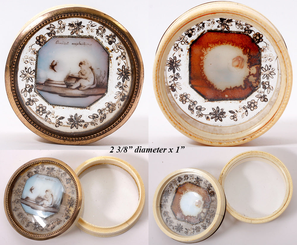 Rare c.1750-80s French Bonboniere, Confectioner's Box or Snuff, Opaline Glass, Ivory, Hand Painted Miniature Portrait, Bonbon