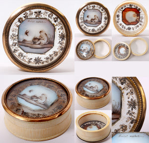 Rare c.1750-80s French Bonboniere, Confectioner's Box or Snuff, Opaline Glass, Ivory, Hand Painted Miniature Portrait, Bonbon