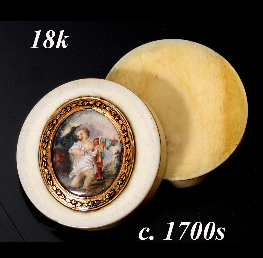 Antique French Carved Ivory Snuff or Patch Box c.1750s, 18k Gold and Kiln-fired Enamel