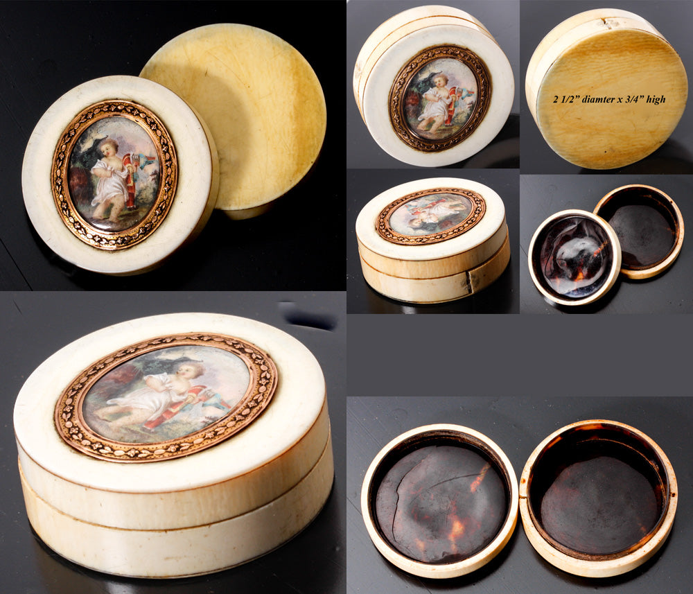 Antique French Carved Ivory Snuff or Patch Box c.1750s, 18k Gold and Kiln-fired Enamel