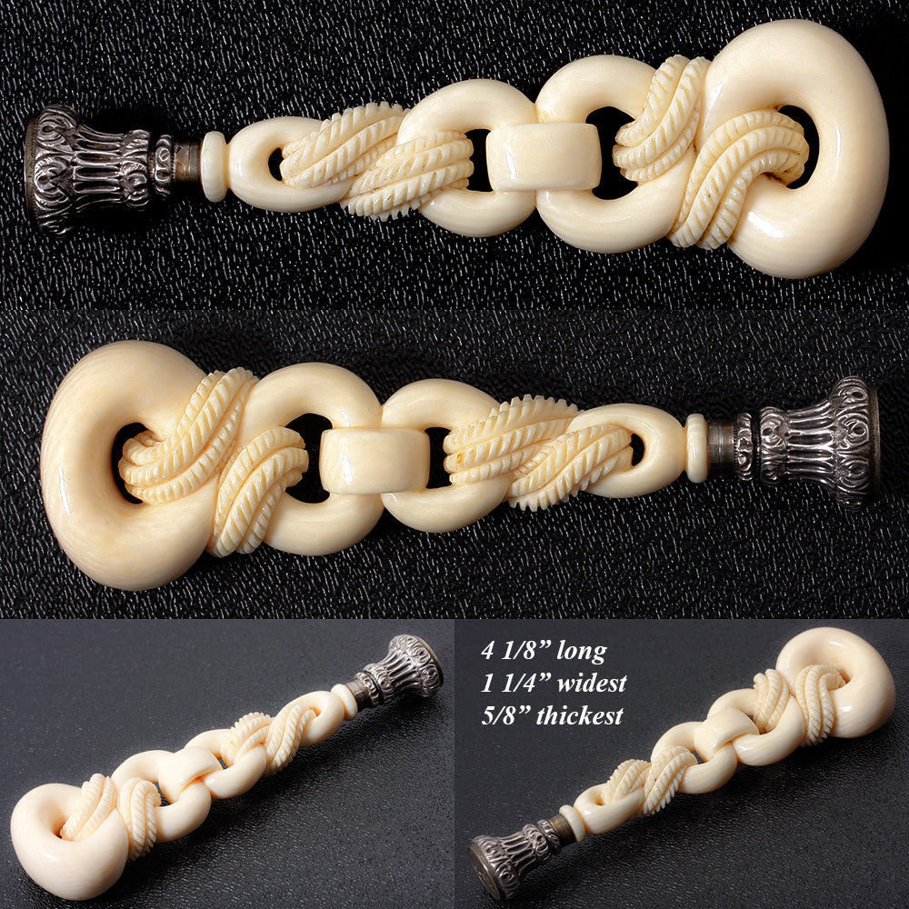 Rare Large Antique French Dieppe Carved Ivory Wax Seal, Sceau 4 1/3" Long