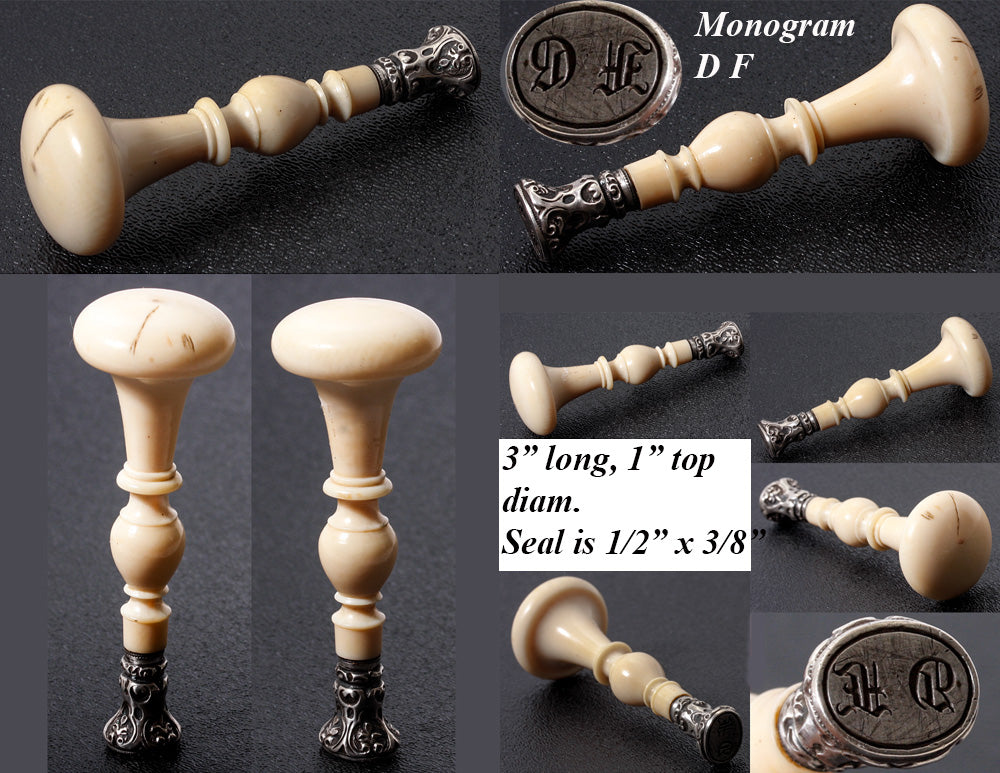 Antique French Dieppe Ivory Sceau, Sealing Wax Seal, Sterling Silver Matrix Monogram D F