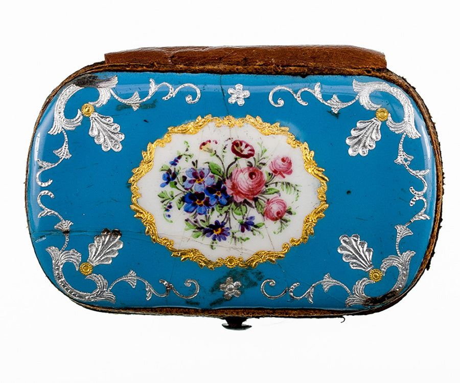 Antique French or Viennese Kiln-fired Enamel Coin Purse, Celeste Blue & Flowers