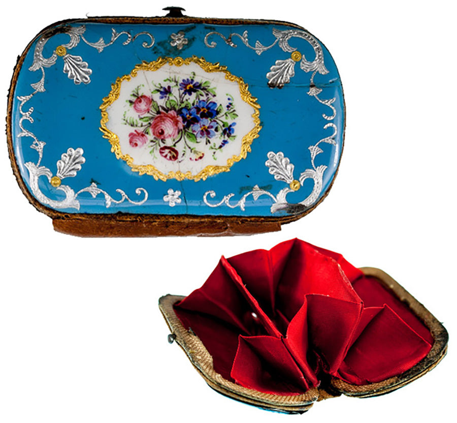 Antique French or Viennese Kiln-fired Enamel Coin Purse, Celeste Blue & Flowers