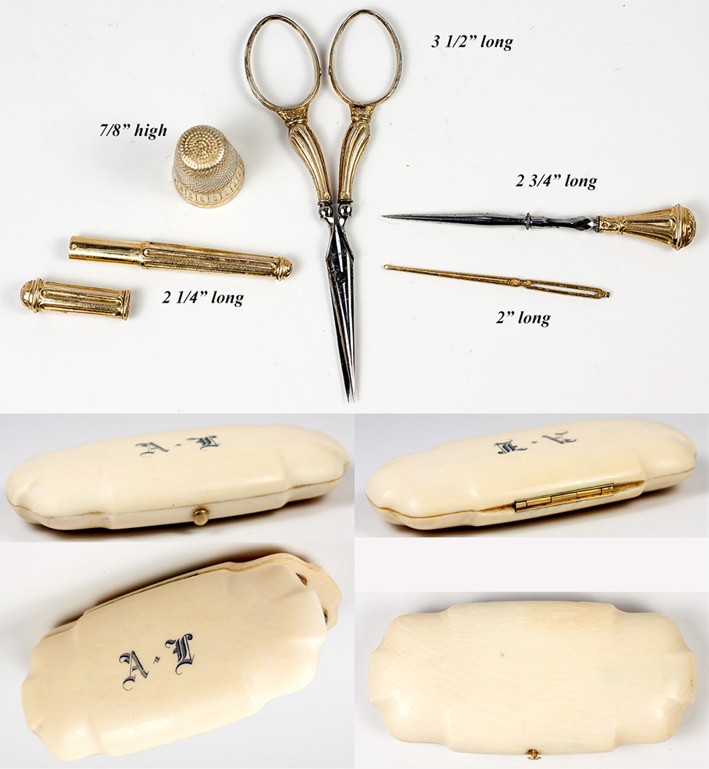Antique French Sewing Set, Ivory Kit, Etui, Complete Sterling Silver 18k Vermeil Tools, Napoleon III