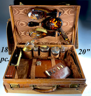 Superb RARE c.1901 English Travel Valet, Valise, 19 Pc Vanity in Tortoise Shell, Sterling Silver, Leather