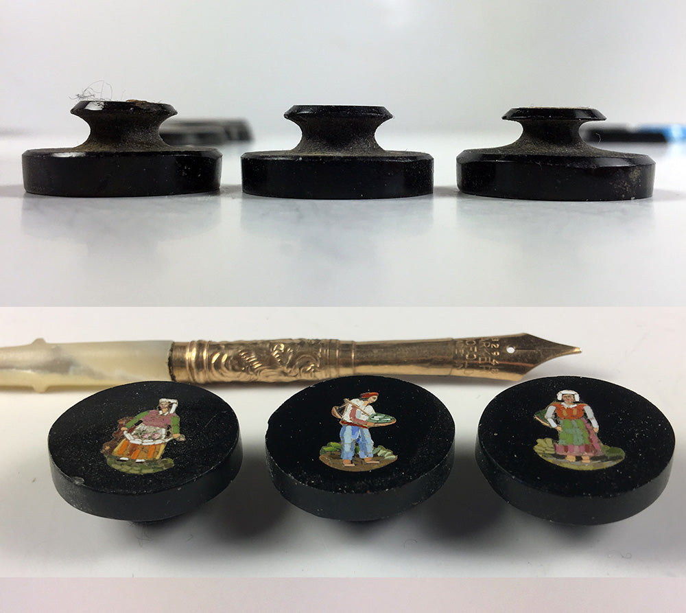 Antique Set of 3 Figural Micro Mosaic Buttons, Victorian Grand Tour, 2 Women, 1 Man