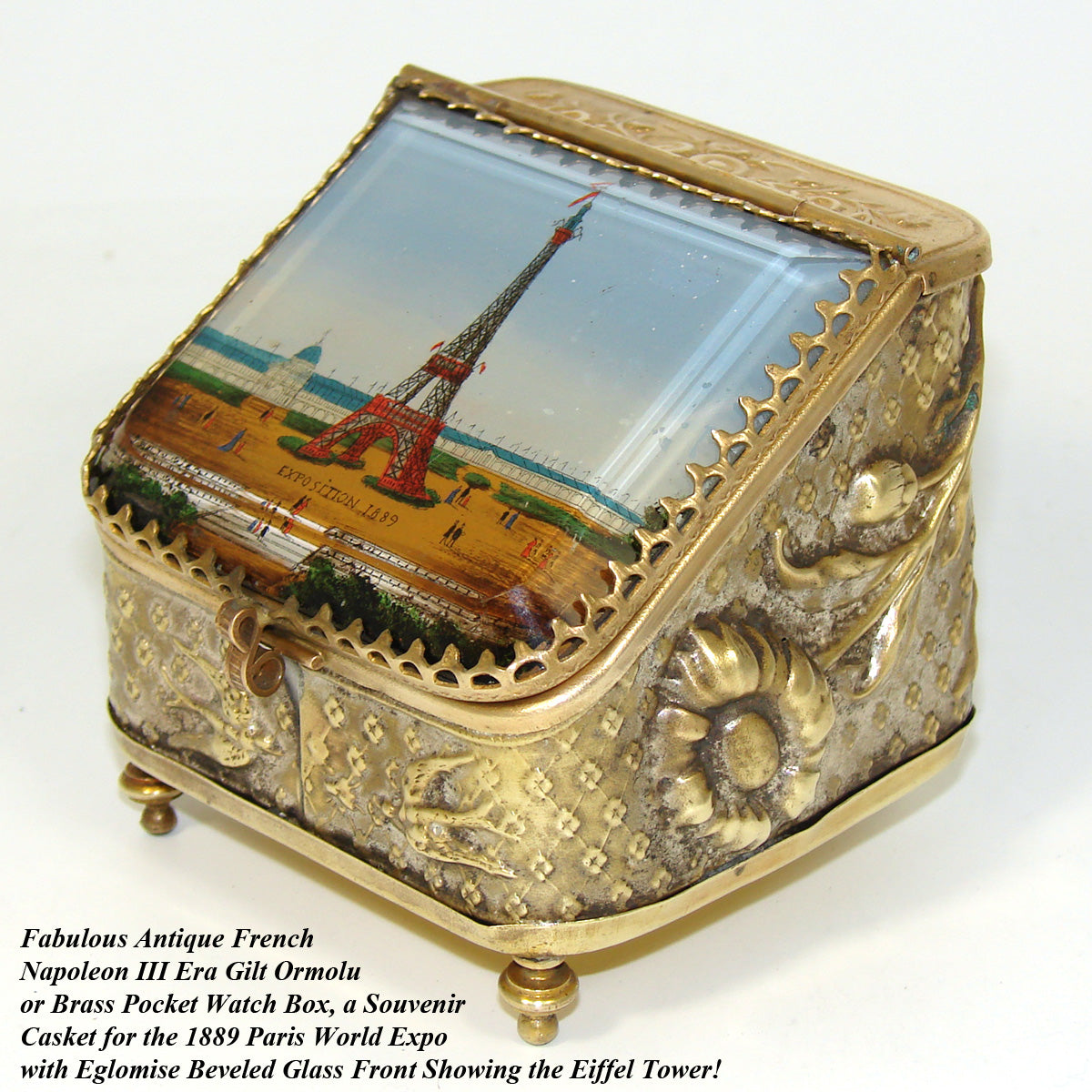 Antique French Pocket Watch Casket, Eglomise 1889 Paris World Expo, Eiffel Tower