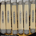 Stunning Antique French 10pc Dinner Knife Set, Silver Inlay on Ivory Handles, c.1870, Gustave Marmuse