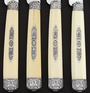Stunning Antique French 10pc Dinner Knife Set, Silver Inlay on Ivory Handles, c.1870, Gustave Marmuse