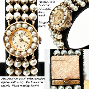 Fine Vintage 14k Gold Bracelet 17-jewel Watch with Cultured Pearls, Lucien Piccard, PARIS