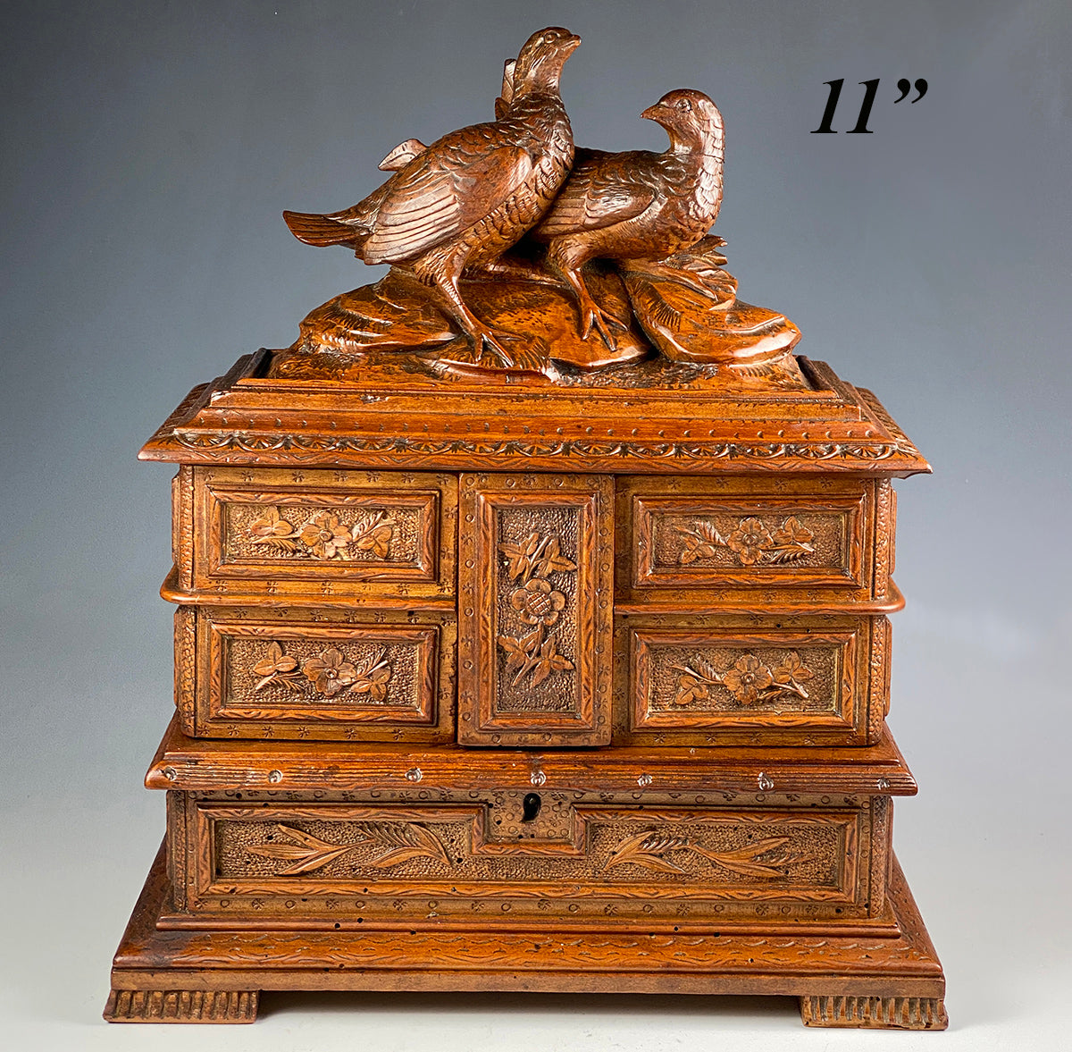 Antique HC Swiss 3-Tier Jewelry Box, Casket, 2 Game Birds up Top, c.1900-1920s