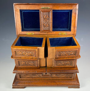 Antique HC Swiss 3-Tier Jewelry Box, Casket, 2 Game Birds up Top, c.1900-1920s