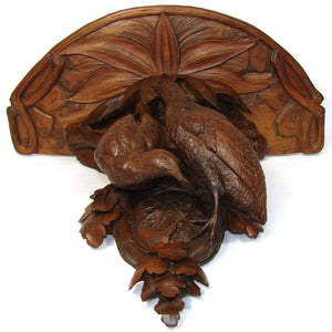 Lg Antique Black Forest Carved 18.5" Wall Shelf, Foliage & Two Large Game Bird Figures