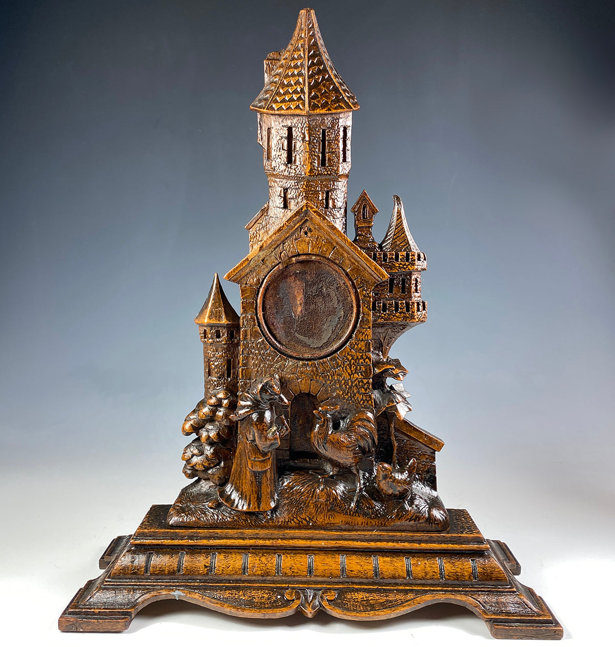 Antique HC Swiss Black Forest Pocket Watch Stand, Fox and Chickens, Hens and Castle