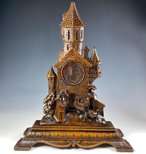 Antique HC Swiss Black Forest Pocket Watch Stand, Fox and Chickens, Hens and Castle