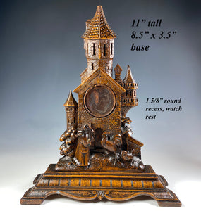 Antique HC Swiss Black Forest Pocket Watch Stand, Fox and Chickens, Hens and Castle