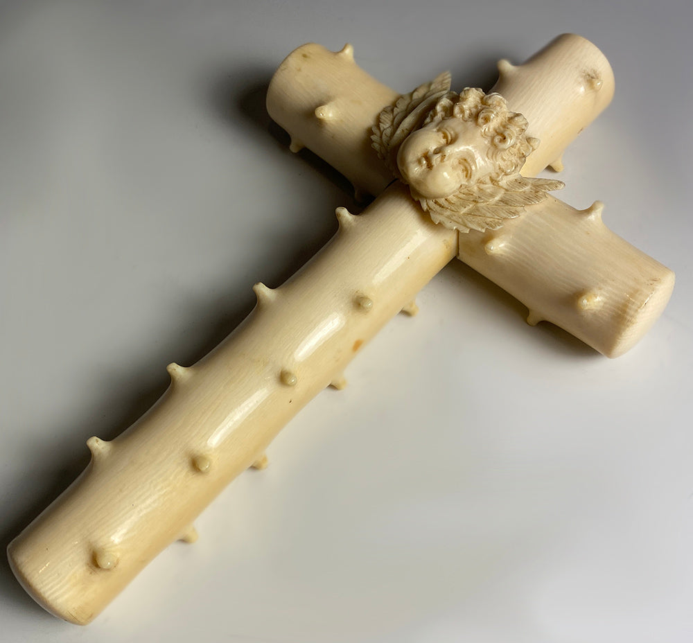 Antique Dieppe, France French Crucifix with Cherub, Putti, Solid Ivory 6" x 3.75"