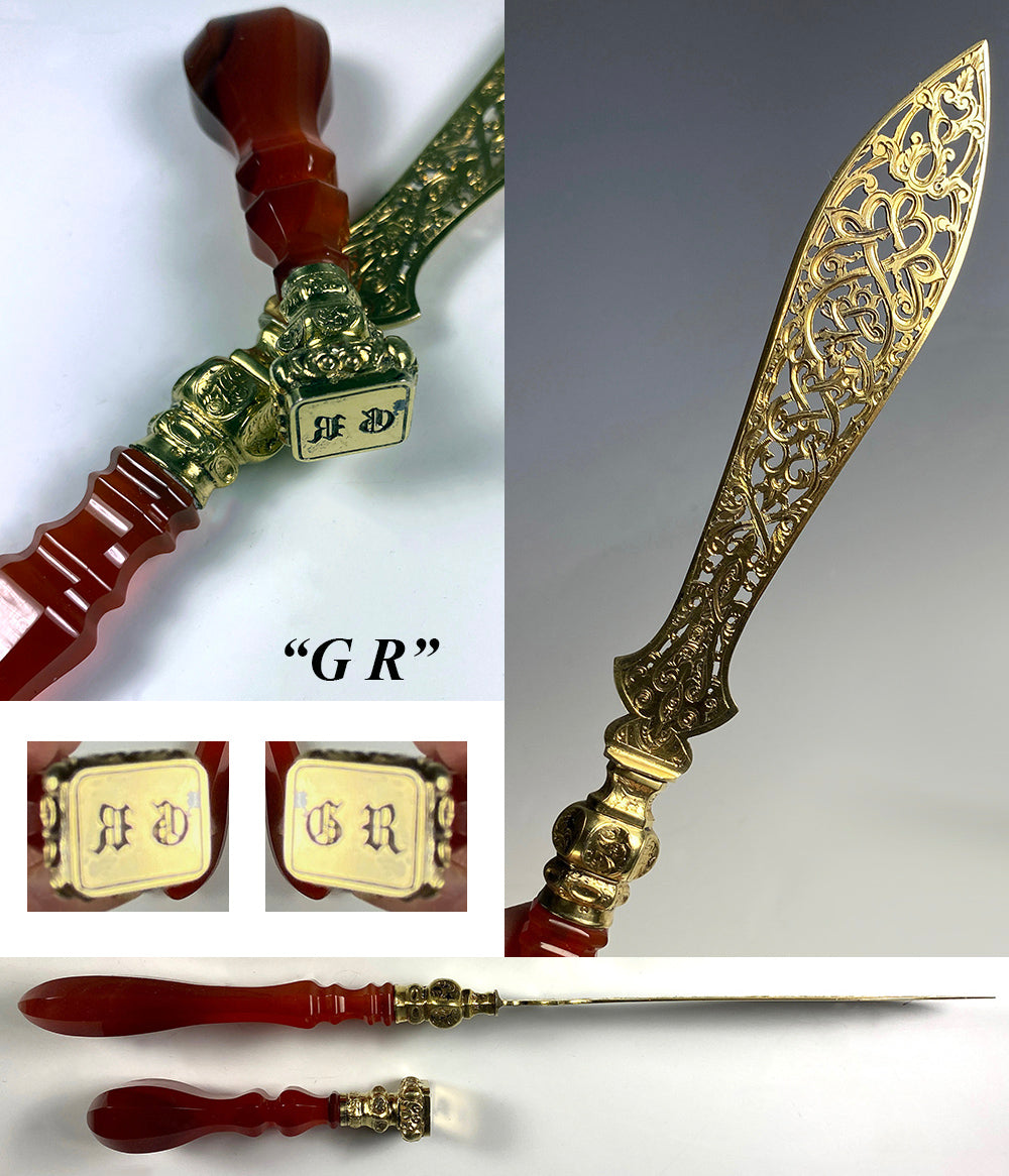 Rare Antique French Wax Seal, Paper Knife or Letter Opener, Vermeil Blade, Matrix, and Banded Agate Handles