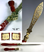 Rare Antique French Wax Seal, Paper Knife or Letter Opener, Vermeil Blade, Matrix, and Banded Agate Handles