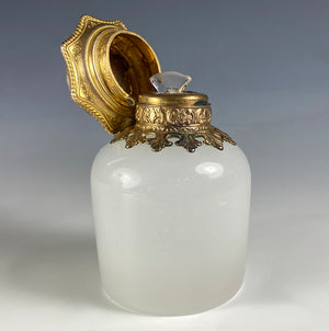 Antique French White Opaline Perfume or Cologne Bottle, Grand Tour Souvenir Eglomise, Notre Dame