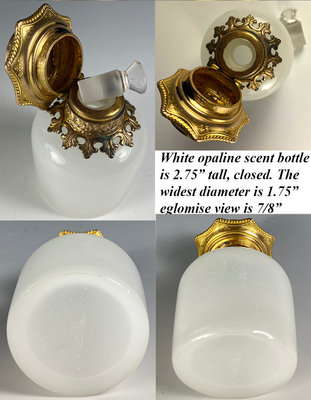 Antique French White Opaline Perfume or Cologne Bottle, Grand Tour Souvenir Eglomise, Notre Dame