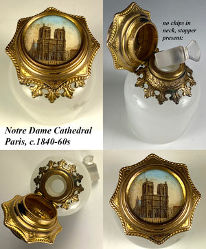 Antique French White Opaline Perfume or Cologne Bottle, Grand Tour Souvenir Eglomise, Notre Dame