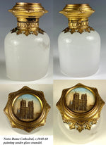 Antique French White Opaline Perfume or Cologne Bottle, Grand Tour Souvenir Eglomise, Notre Dame