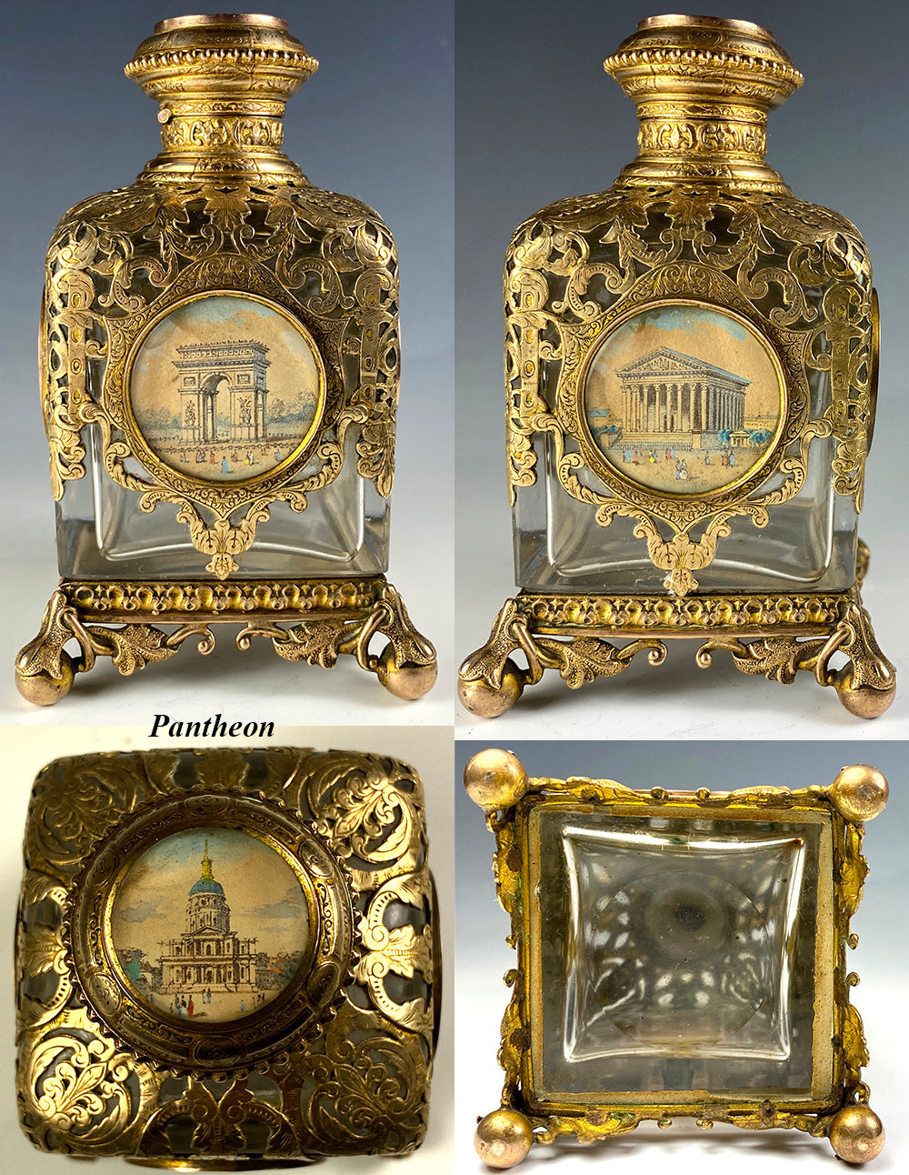 Antique Victorian Grand Tour French Perfume Bottle, 5 Eglomise Views of Paris