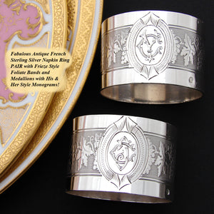 PAIR: Elegant Antique French .800 Silver Napkin Rings, Frieze Stye Foliate Band, His & Her Monograms