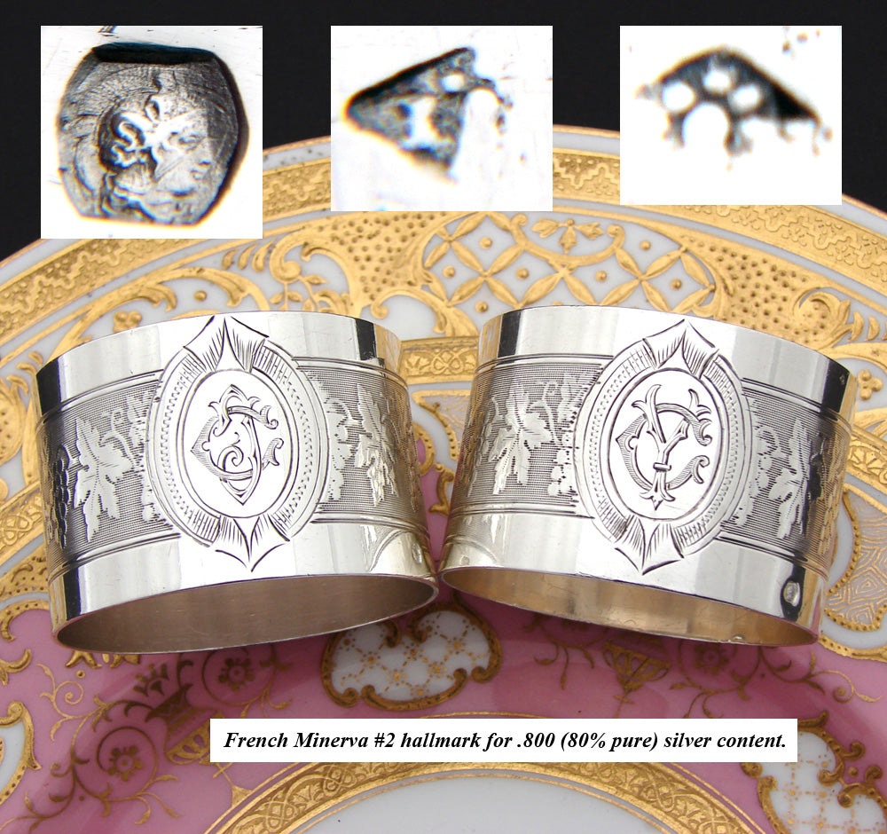 PAIR: Elegant Antique French .800 Silver Napkin Rings, Frieze Stye Foliate Band, His & Her Monograms