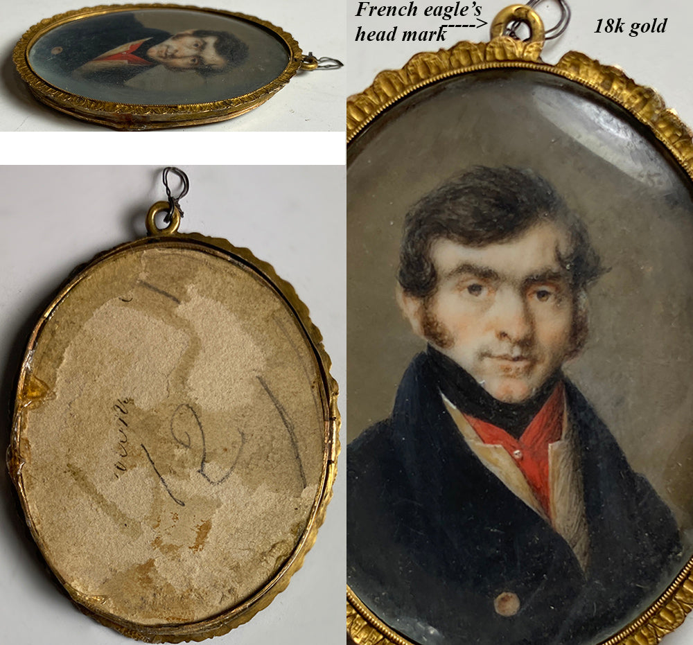 Antique French Revolution Portrait Miniature, Blue Coat, 18k Gold Frame, Pendant?