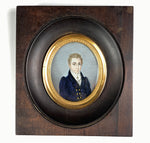 Antique French Portrait Miniature, Handsome Young Blond Man in Blue Coat, c.1790 to 1829