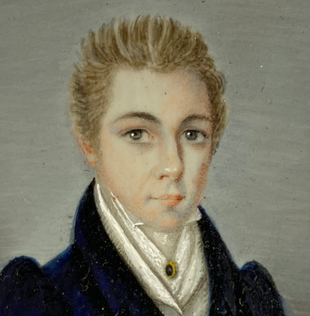 Antique French Portrait Miniature, Handsome Young Blond Man in Blue Coat, c.1790 to 1829