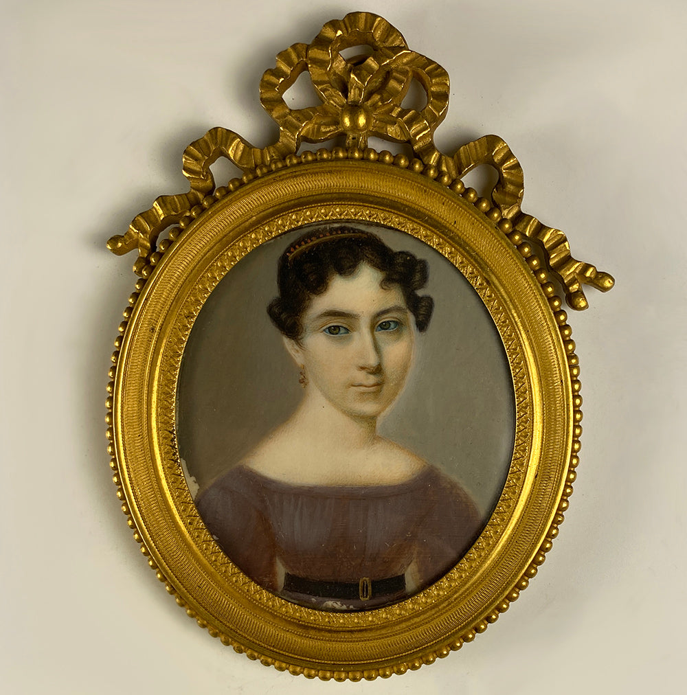Antique French Napoleon I Era Portrait Miniature in Dore Bronze Frame, Tiara
