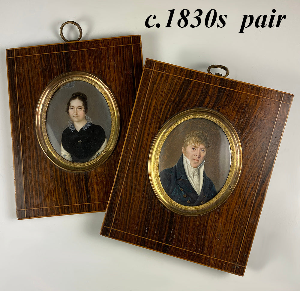 Pair: Antique French Portrait Miniature, Man and Woman, Tiara, Embroider, c.1830, Prussian?