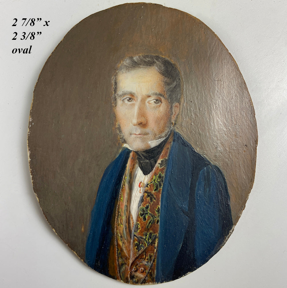 Antique c.1790s French Portrait Miniature, Man with Embroidered or Fortuny Velvet Vest, Cravat