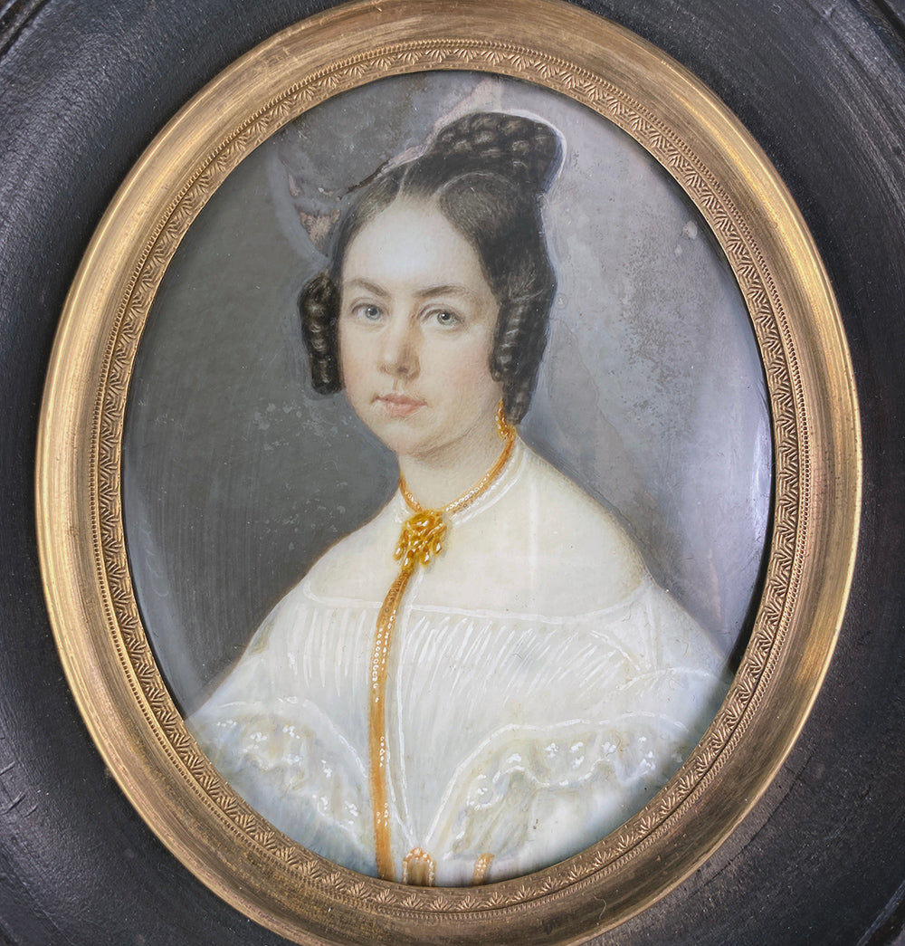 Antique French HP Portrait Miniature, Beautiful Young Woman, Jewelry, c.1830s