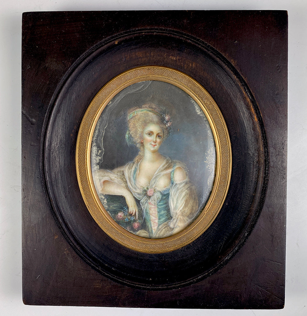 Antique French c.1700s Portrait Miniature, Beautiful Woman, Naughty Gown, Era of Marie-Antoinette