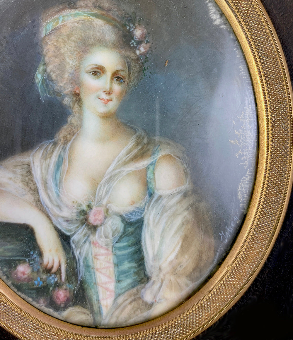 Antique French c.1700s Portrait Miniature, Beautiful Woman, Naughty Gown, Era of Marie-Antoinette