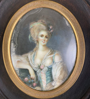 Antique French c.1700s Portrait Miniature, Beautiful Woman, Naughty Gown, Era of Marie-Antoinette