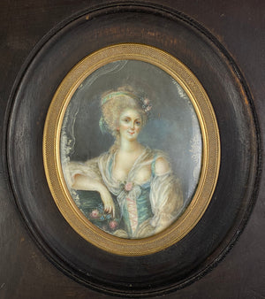 Antique French c.1700s Portrait Miniature, Beautiful Woman, Naughty Gown, Era of Marie-Antoinette