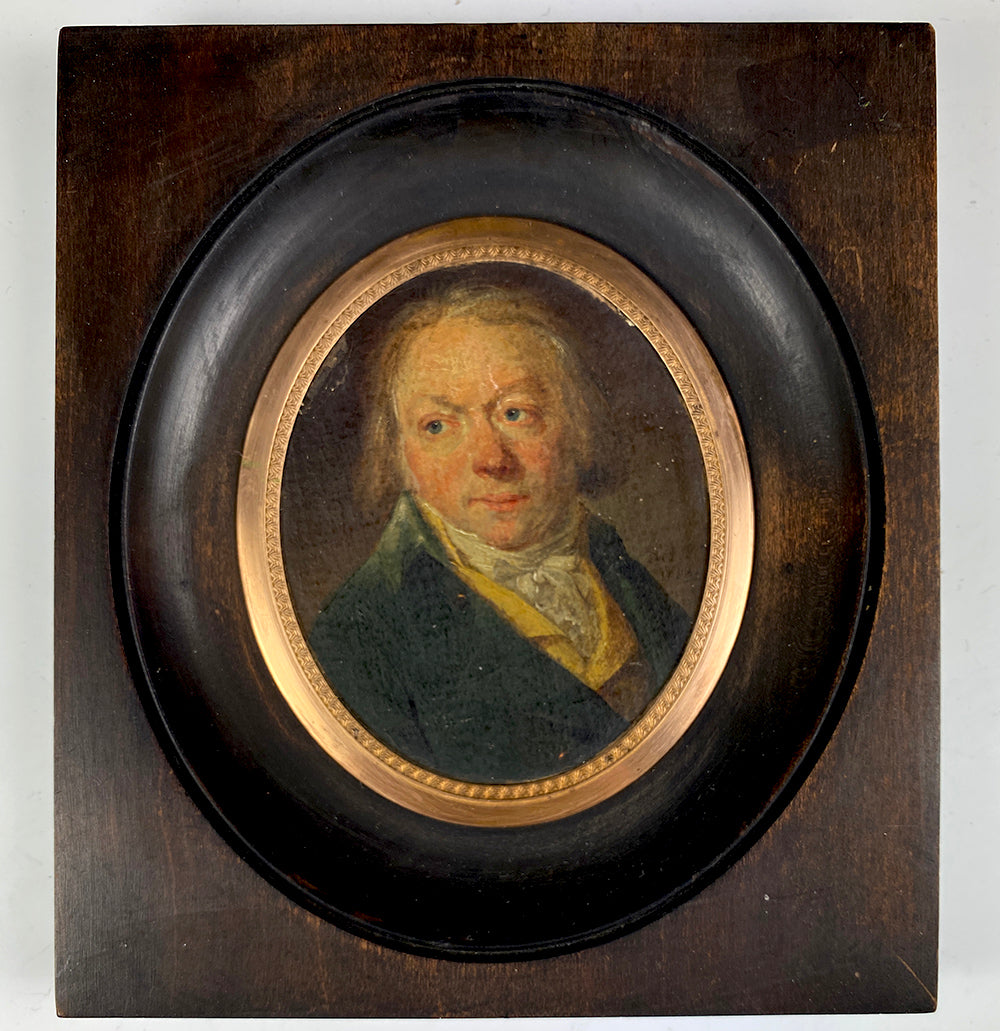 Antique French Portrait Miniature, Oil Painting of a Man, Wood Frame, c.1830s