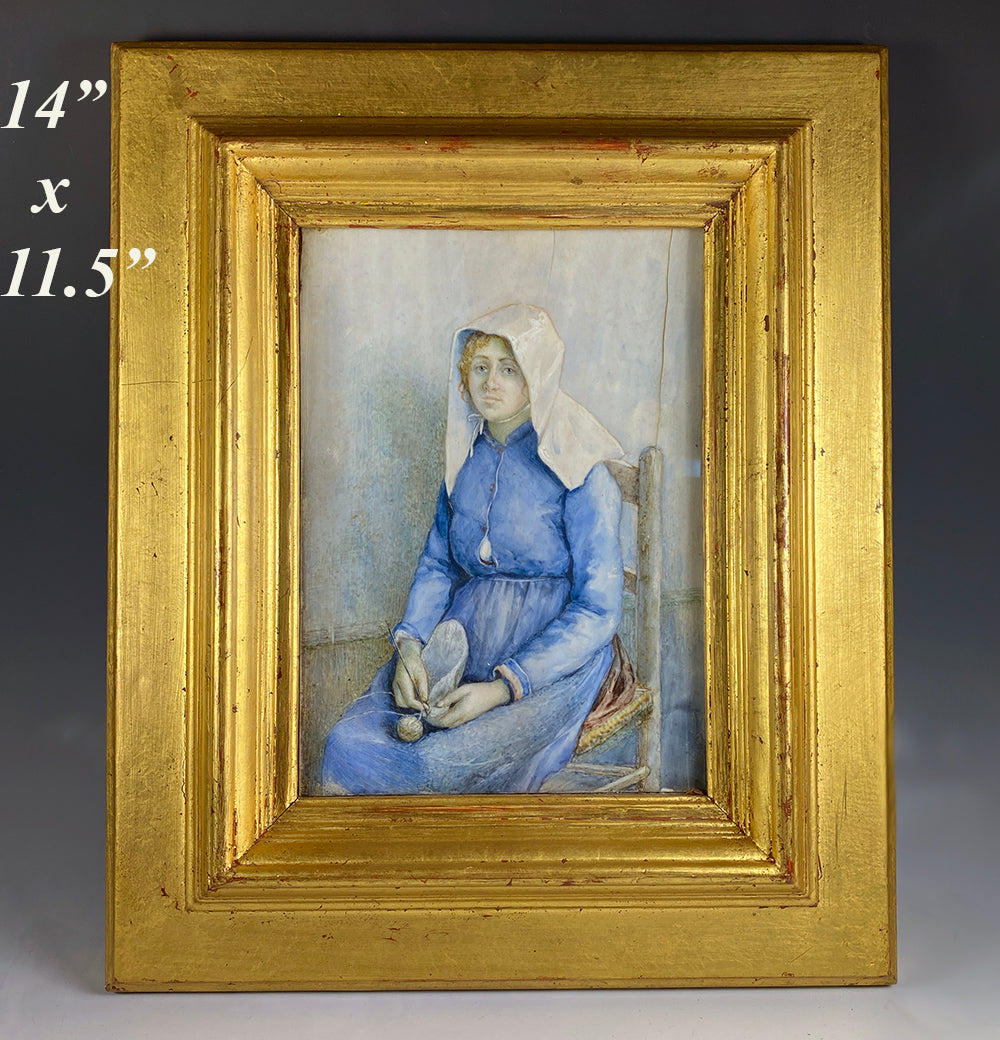 Antique Portrait of a Beautiful Young Woman Knitting, Servant? Nun Novitiate? HUGE Miniature