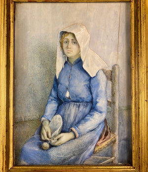 Antique Portrait of a Beautiful Young Woman Knitting, Servant? Nun Novitiate? HUGE Miniature