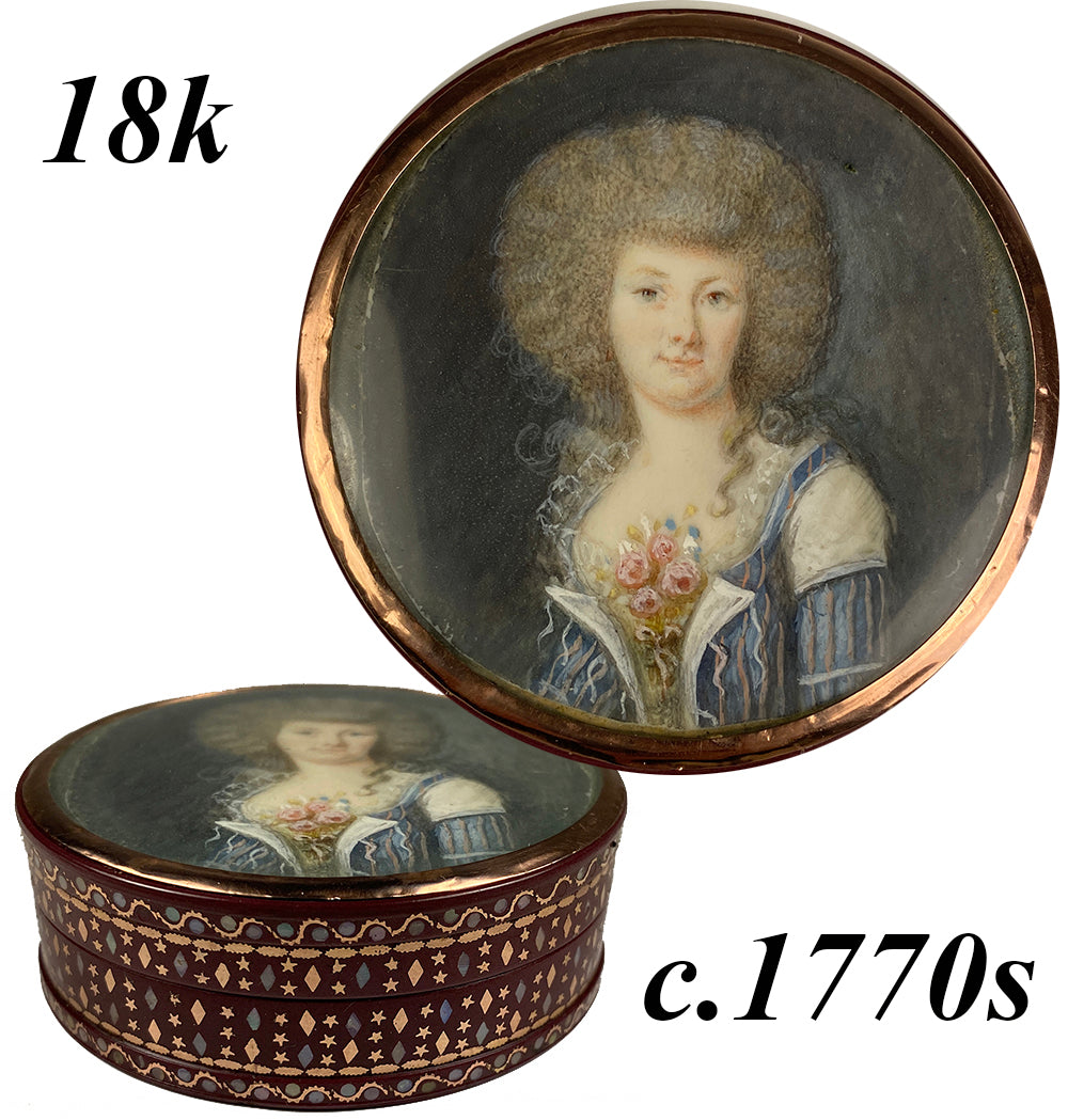 Antique French c.1770s Naughty Portrait Miniature Snuff Box, 24k Gold Inlay Vernis Martin