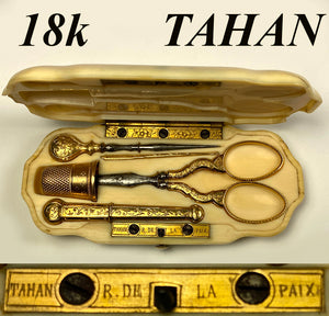 Antique TAHAN French Sewing Tools Etui, 18k Gold and c.1850s Ivory Case, Monogrammed, Complete